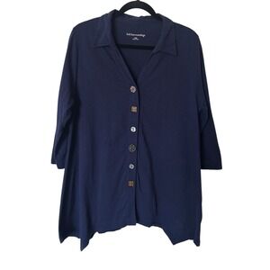 Soft Surroundings Danielle Tunic Top Large Blue Button Front Lagenlook Shark Hem